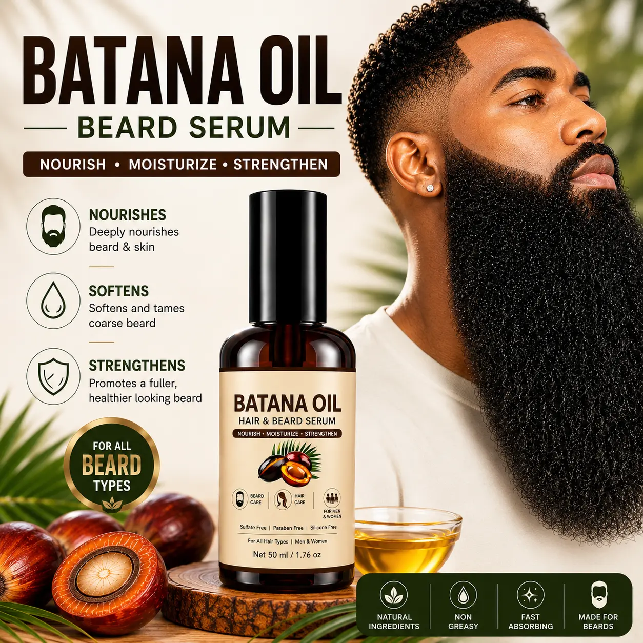 LALUBEL Batana Oil Hair Serum for Men & Women – Nourishing Hair & Beard Oil, Supports Fuller Looking Beard, Moisturizes Dry Scalp & Hair, Sulfate Free Formula, 1.76 oz essential Anti-Grey Lightweight leave-in serum
