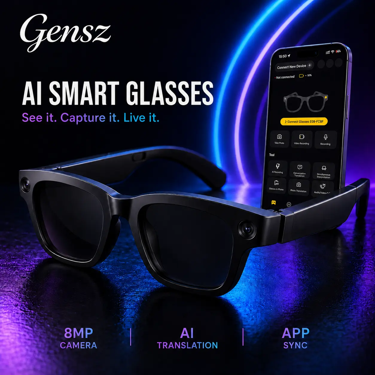 Gensz AI Smart Glasses with Camera - Classic HD Recording, Bluetooth Audio, Voice Control, Hands-Free Photo Capture, Wide-Angle Lens, All-Day Power, Ideal for Vlogging & Sports, Unisex Adult Wireless Phone Wearable with Button-Touch Control