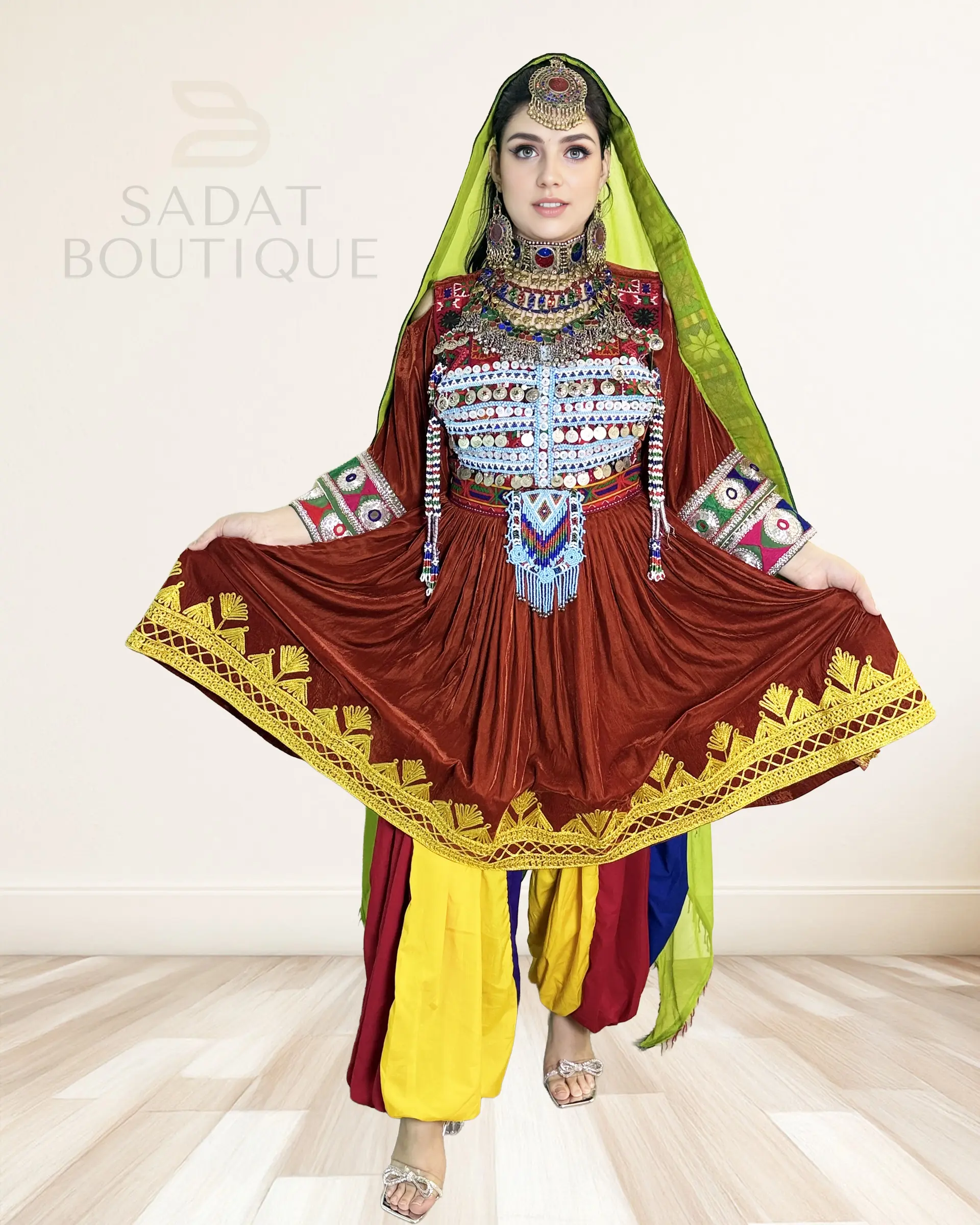 Women's Ziba Rust Velvet Afghan Dress Set, Wedding Event Clothes