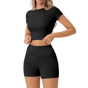 Women's 2 Piece Lounge Set, Buttery Soft Short Sleeve Crop Top and High Waisted Shorts, Stretchy Casual Activewear Outfit