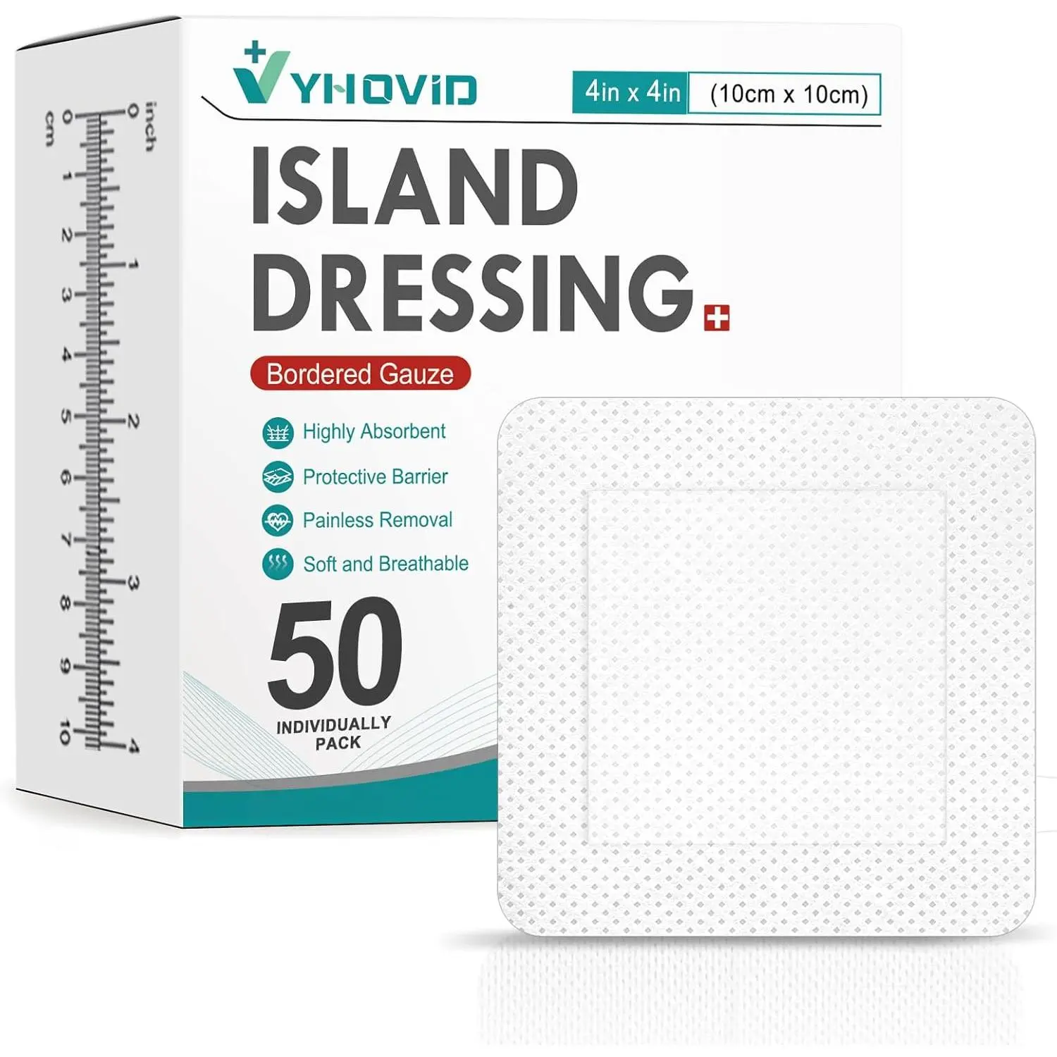 Island Dressing Bordered Gauze, 50 Count 4x4 Inch Individually Wrapped Bandages, Non-Stick Adhesive Pads for First Aid Kit & Wound Care