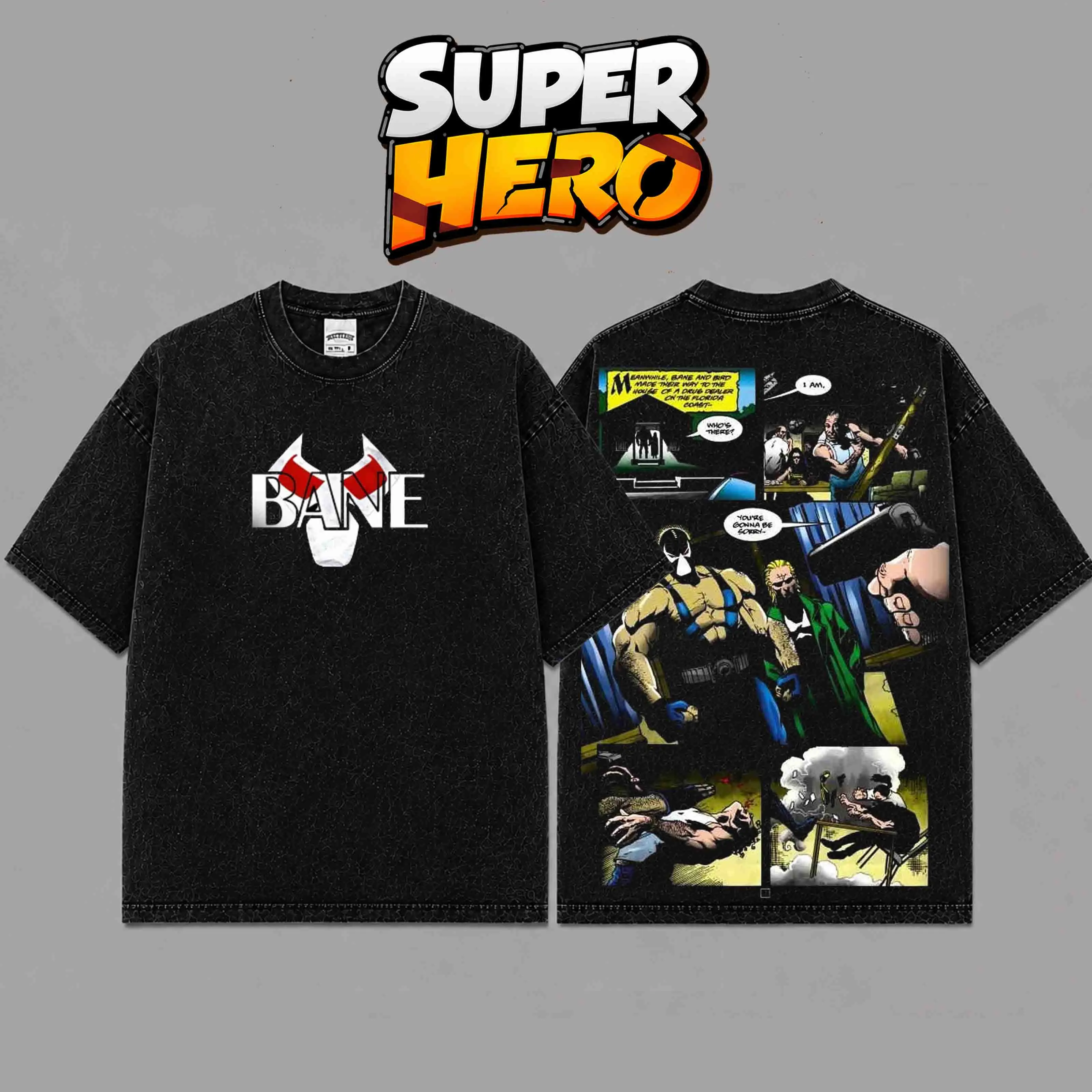 [ Super Hero ] SuperHero Bane Dark Inspired Villain Vintage Acid Washed Graphic T-Shirt, Oversized Heavyweight Cotton Tee, Double-Sided Comic Superhero Graphic Shirt, Retro Streetwear Unisex Casual Apparel Gift for Comic Fans