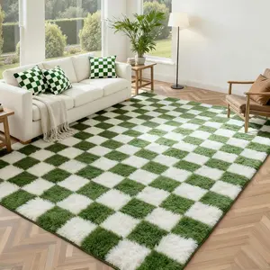 5x7 Ft Green and White Area Rug for Living Room Classic Checkered Shaggy Rug Non-Slip High Pile Soft  Rug Fuzzy Carpet Bedroom   Room  Playroom, Cute Dorm  Decor