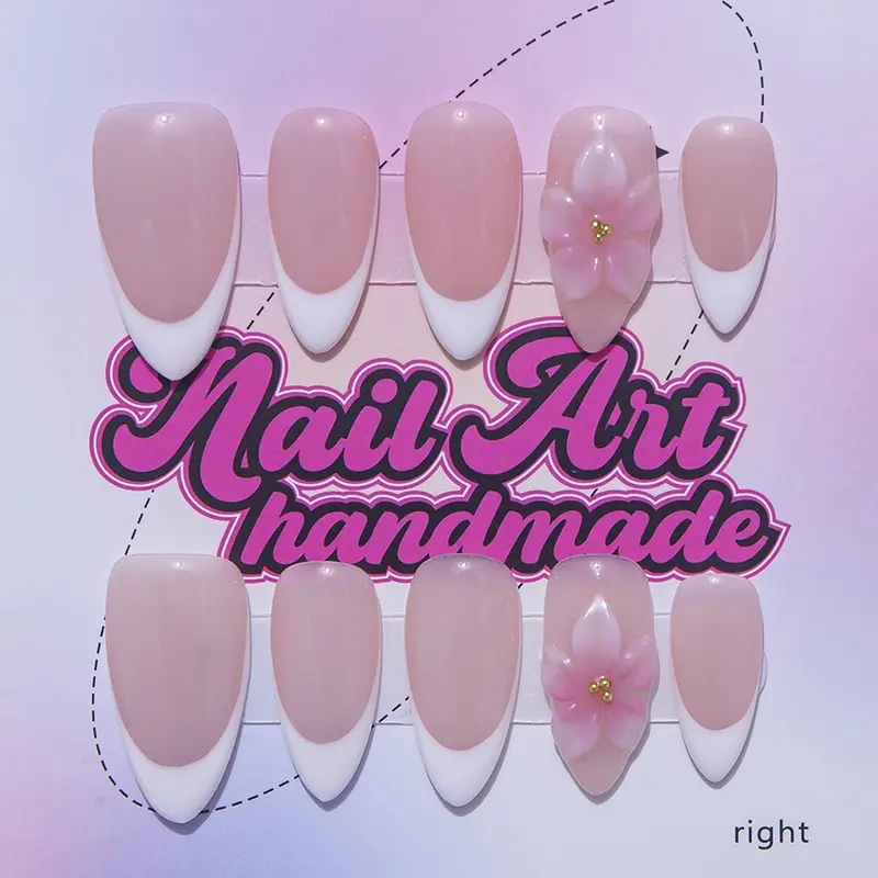 Delicatething Y2K Style Almond Fake Nails Set, Handmade Artificial Nails Press On French Design, Includes Jelly Glue, Crystal Rods & Nail Files, Perfect Gift for Women!