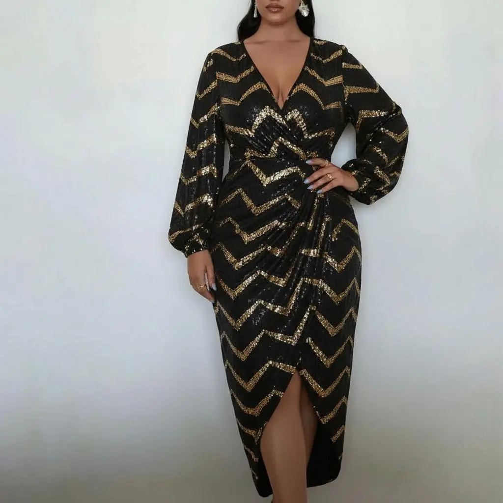 Plus Size Elegant Wrap Dress Black & Gold Chevron V-Neck Long Sleeve Boho Chic Outfit Plus Size Elegant Wrap Dress Black & Gold Chevron V-Neck Long Sleeve Boho Chic Outfit