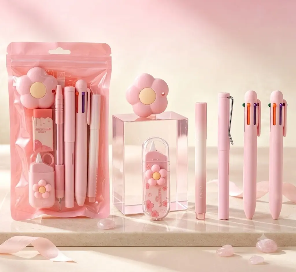 Premium Quality Kawaii Pink Stationary Set - Aesthetic School Supplies Kit for Girls with Pens, Highlighters, Markers, Correction Tape, Utility Knife, Cute Office Desk Accessories, Zip-Lock Bag, Ready to Gift for Back to School & Bulk Mini Coworker Gifts
