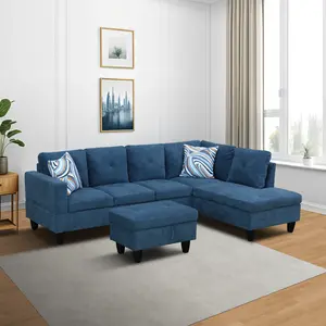 Blue Linen 3-Piece Sofa Set Modern Soft Comfortable Living Room Furniture Couch for Home