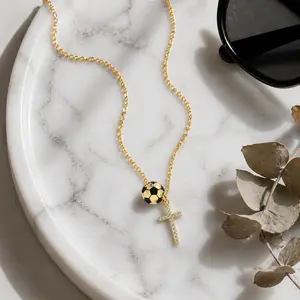 Gold Tone Soccer Ball Cross Pendant Necklace for Women Men Minimalist Faith Jewelry Charm Chain Fashion Sports Inspired Gift Accessory