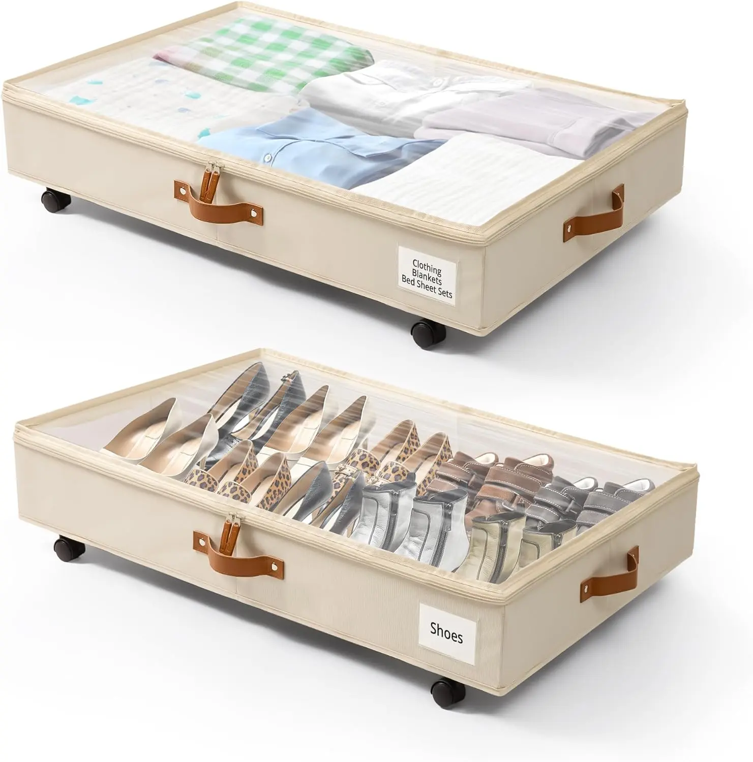 Under Bed Storage with Wheels, 2 Pack Under Bed Storage Containers, Rolling Under Bed Organizer with Handle, Label and Clear Lid, Under Bed Drawers on Wheels for Clothes, Shoes, Toys Boxes Metal Traditional Box Wooden
