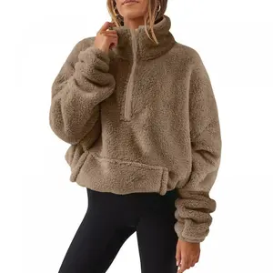 Plush Fleece Half Zip Sweatshirt Women Stand Collar Winter Warm Soft Cozy Casual Pullover Street Style Top