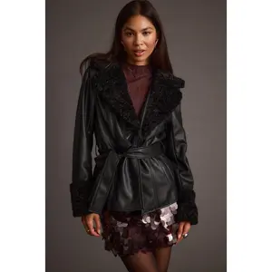 12th Tribe Women's Soft Fur Black Belted Jacket, Women's Stylish Outerwear Coat