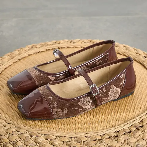 Women's Square Toe Mary Jane Flats with Floral Embroidered Mesh, Vintage-Style Comfortable Floral Flat Shoes Spring & Fall Footwear