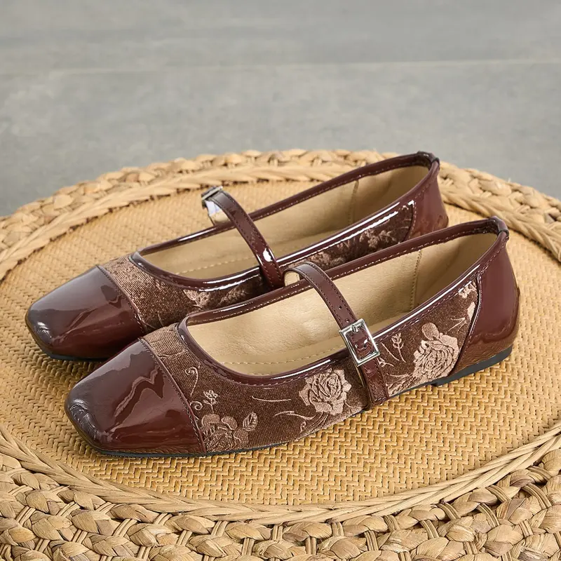 Women's Square Toe Mary Jane Flats with Floral Embroidered Mesh, Vintage-Style Comfortable Floral Flat Shoes Spring & Fall Footwear