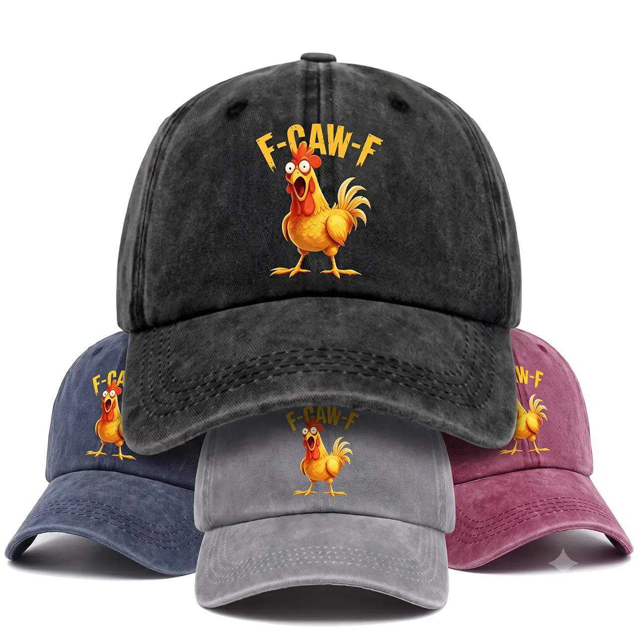 Funny "F-CAW-F" Screaming Rooster Vintage Washed Cap, Unisex Retro Distressed Dad Hat Adjustable Unisex Baseball Cap Vintage Washed Cotton Screaming Rooster Novelty Dad Hat