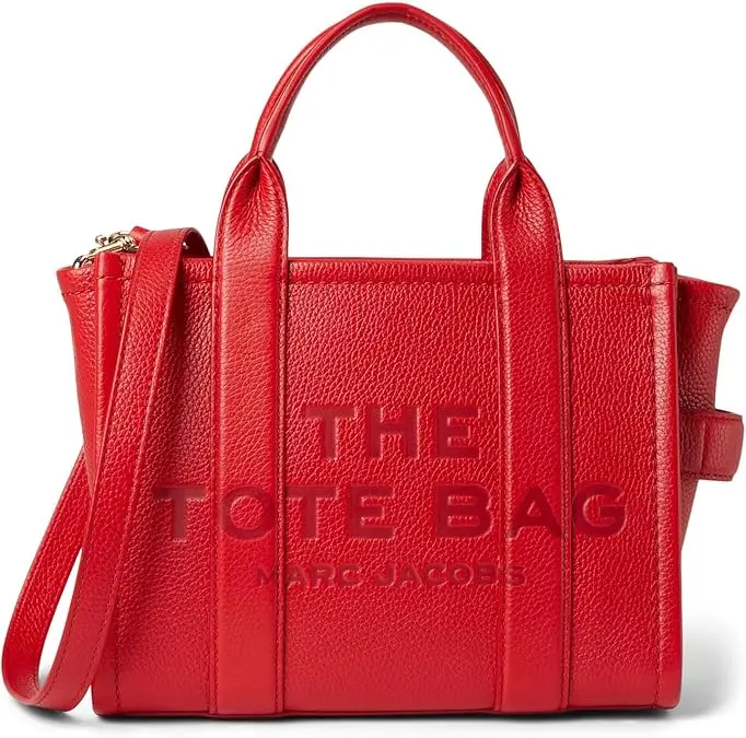 Marc Jacobs The Leather Small Tote Bag - True Red H009L01SP21-617, Full Grain Leather, Chunky Top, Adjustable Shoulder Strap, Debossed Logo, Compact, Dustbag Included, Adjustable Strap, Zip Closure