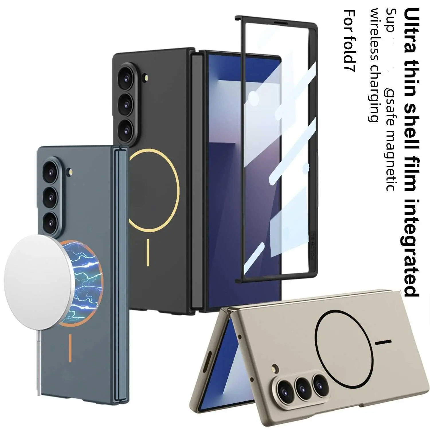 For Samsung Galaxy Z Fold 7 Phone Case Slim Magnetic Wireless Charging Ring Case-Film 2-in-1 Ultra-Thin Flip Minimalist Protective Cover HNL19PL