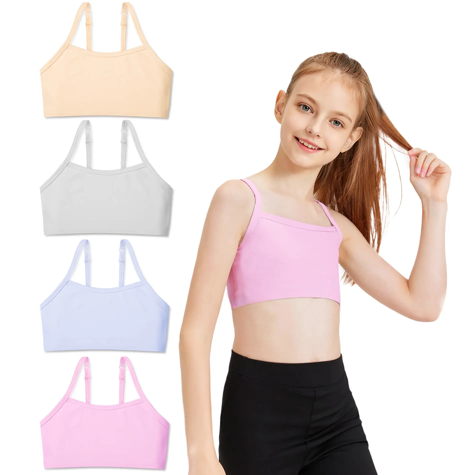 Sascina Girls First Training Bras 7-12 Crop Cami Sports Bras First Bra with Adjustable Straps - No Pads, Chest Double Lined [209]
