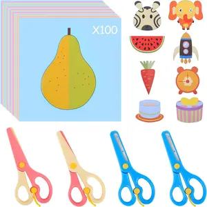 UCEC Craft Toddler Scissors Kids Paper Cut 100 Sheets, 2PCS Plastic Safety Scissors + 2PCS Stainless Steel Preschool Training Scissors, DIY Art Craft Origami Paper Child Scissors for Kids Preschool Child