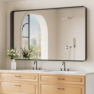 Black Wall Mirror for Bathroom, 36x60 Inch Matte Deep Framed Rounded Rectangle  Mirror for Farmhouse Living Room, Tempered Glass, Anti-Rust, Vertically or Horizontally