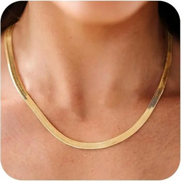 Gold Necklaces for Women, Dainty 5mm Gold Herringbone Choker Necklace for Women Thin Layered Chunky Snake Chain Necklaces Jewellry for Teen Gifts