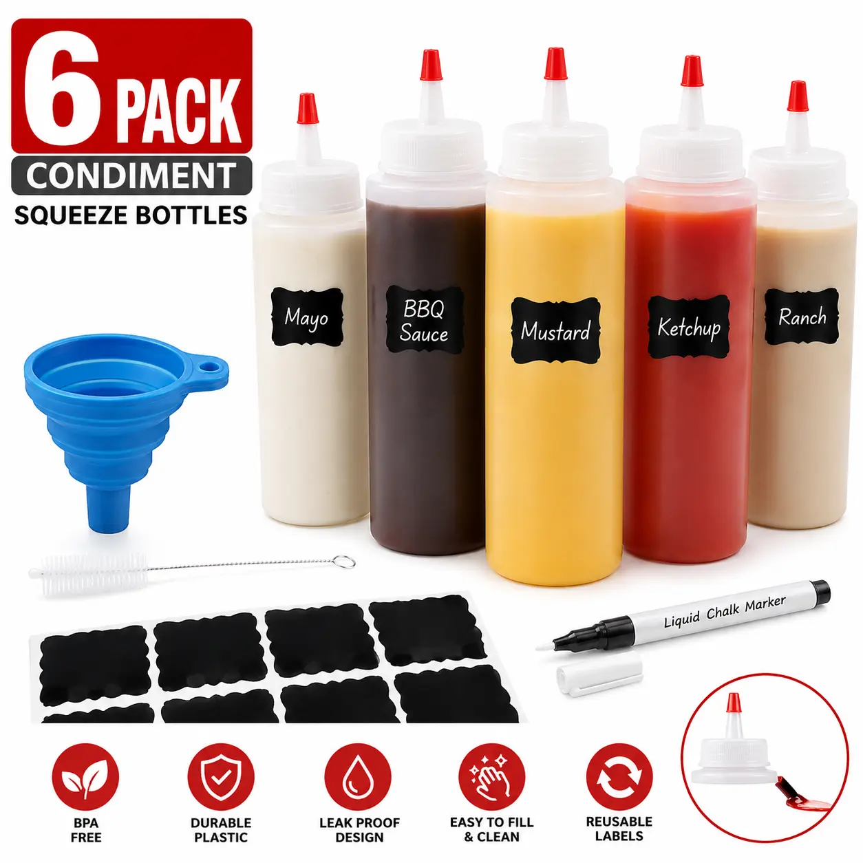 6-Pack Condiment Squeeze Bottles for Sauces - Includes Funnel, Erasable Marker & Reusable Labels, Perfect for Salad Dressings, Liquids, and Ketchup, Durable Plastic 4 oz Bottles