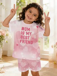 Mommy's Little Bestie Baby Girl's Set: Digital Printed 100% Polyester Baby Short-sleeve Set, cute baby girl's casual clothing, Baby Girl Clothes, suitable for daily and outdoor sports T-shirts, a perfect gift for babies and toddlers