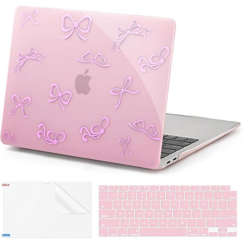 Hard Case Compatible with MacBook Air 13 inch M1 Chip 2021-2018 with Retina Display, Air 13.3 inch Plastic Protective Case + Transparant Keyboard Cover + Screen Protector, Crystal Pink Bow