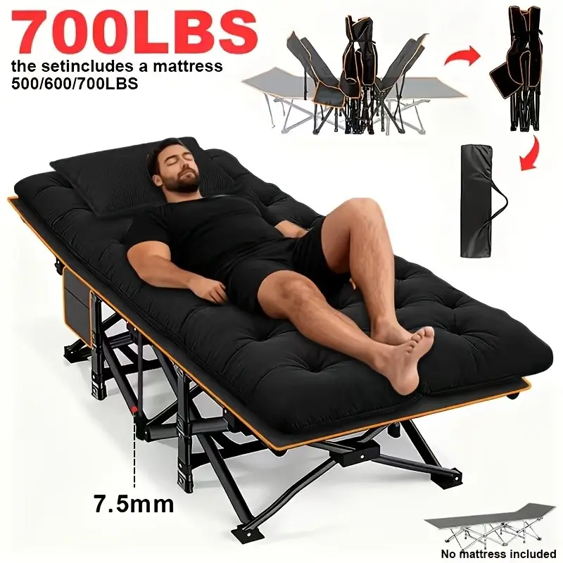 75-inch Heavy-duty Large Foldable Bed, Multi-leg Design For Stable Support, Weight Capacity 700/600/500 Lbs (excluding Optional Mattress), Portable Camping Bed With Side Pockets And Mattress, Winter Camping Gear, Space-Saving Foldable Bed, Camping