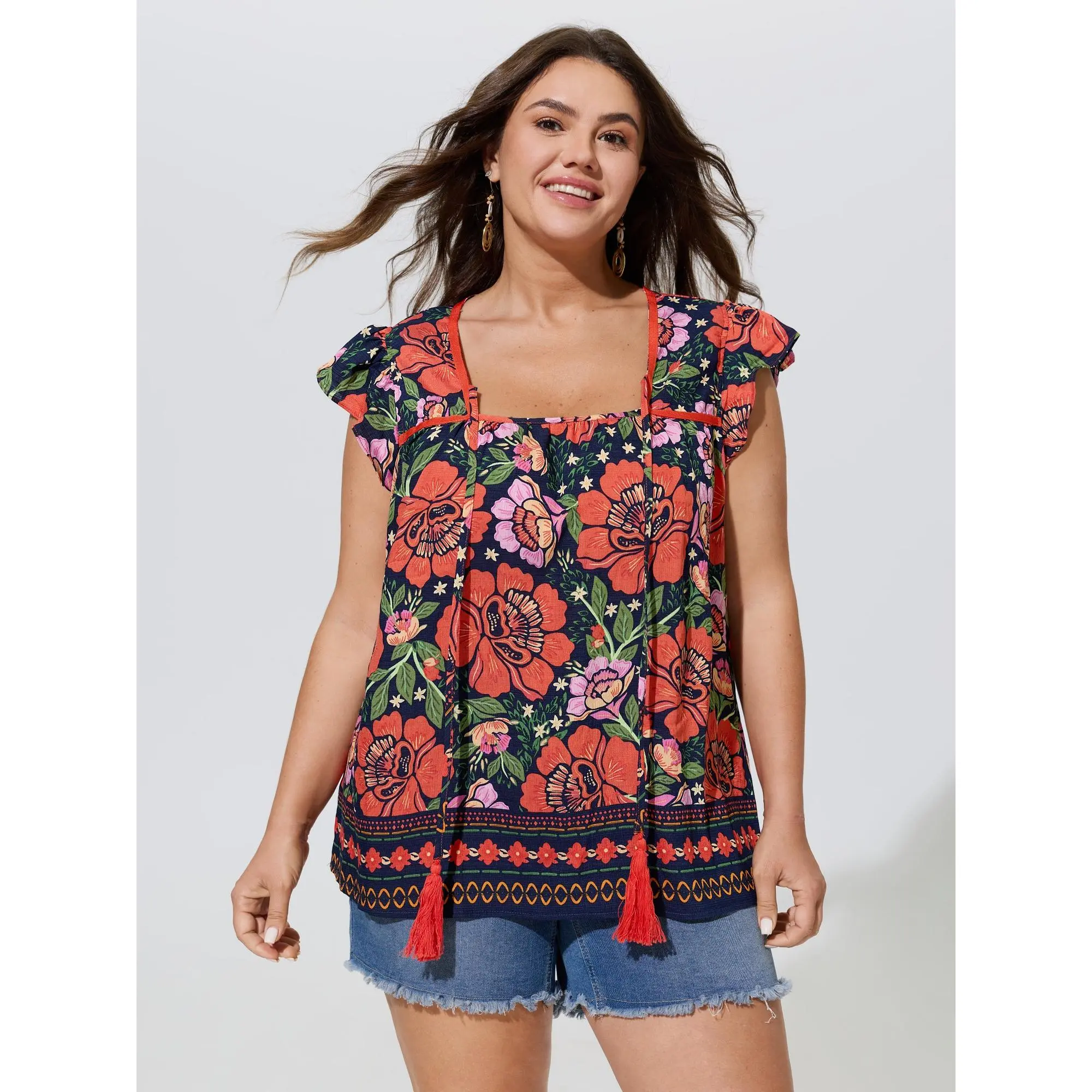 BloomChic Women's Plus Size Vibrant Floral Print Flutter Blouse - Soft Fabric, Flattering Fit, Cold Wash Shirts, Size M-6X, 2026 Summer Womenswear Top, Rayon Blend, Regular Length, Cap Sleeve, Resort Wear