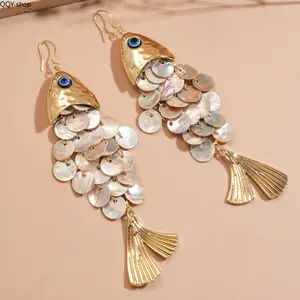 Creative Fish Shell Fringed Ear Hooks, Boho Statement Dangle Earrings, Retro Ocean Style Shell Drop Earrings, Unique Beach Inspired Jewelry, Trendy Vacation Daily Ear Accessories for Women