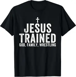 Jesus Trained, God Family Wrestling, Christian Wrestling T-Shirt Pure Cotton Graphic Tees Menswear Top: Gifts for Men & Women