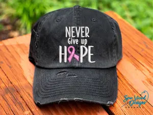 Never Give Up Hope Hat | Distressed Baseball Cap OR Ponytail Hat | Cancer Fighting Hat | Chemo Hat | Cancer Awareness Ribbon | Survivor