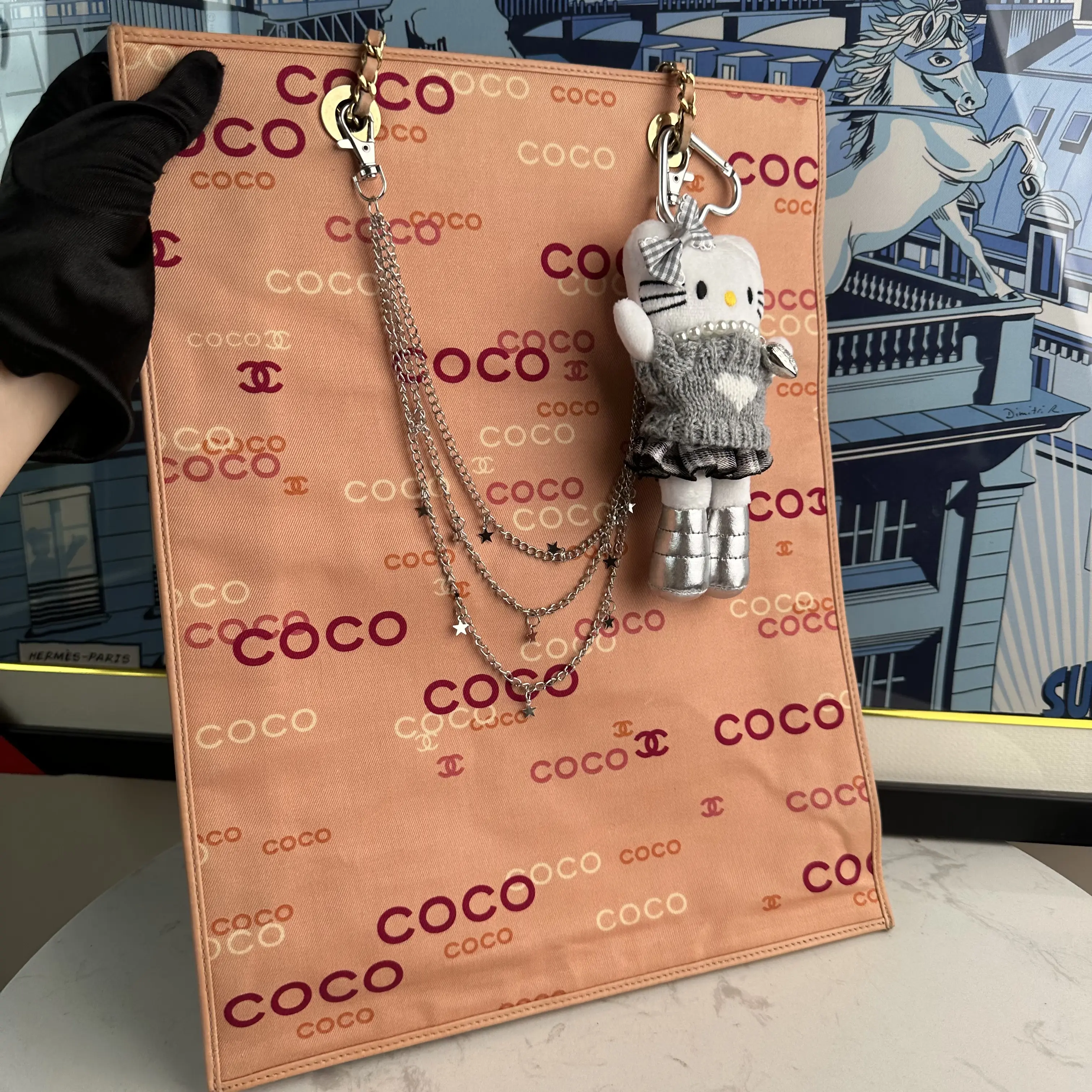 Pre-owned CHANEL peach pink COCO canvas chain tote bag a288
