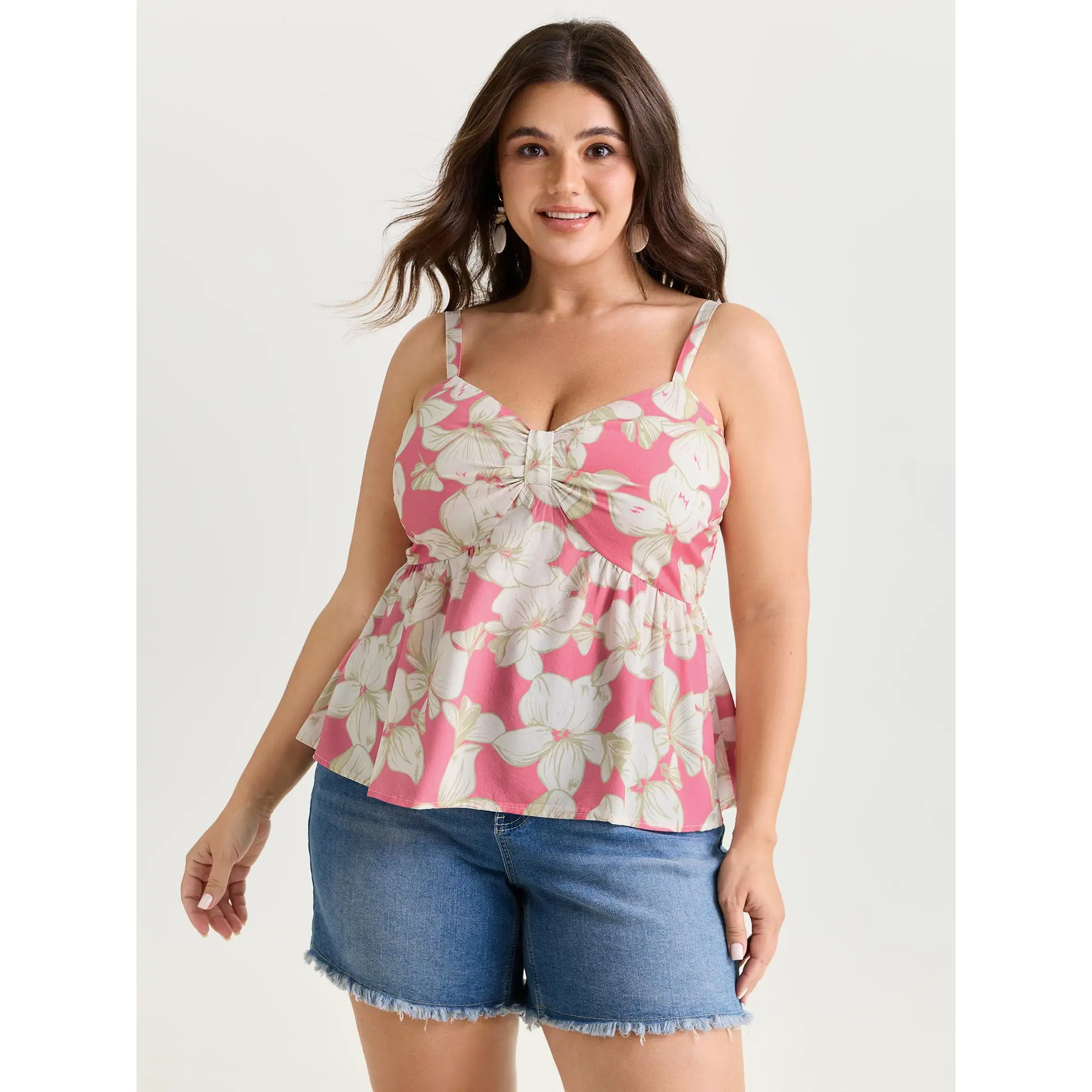 BloomChic Plus Size Tank Top, Floral Resort Style Garment in Smooth Rayon, Sweetheart Neckline, Smocked Cropped Bodice, Low Iron, Fabric, Fit, Women's Clothes