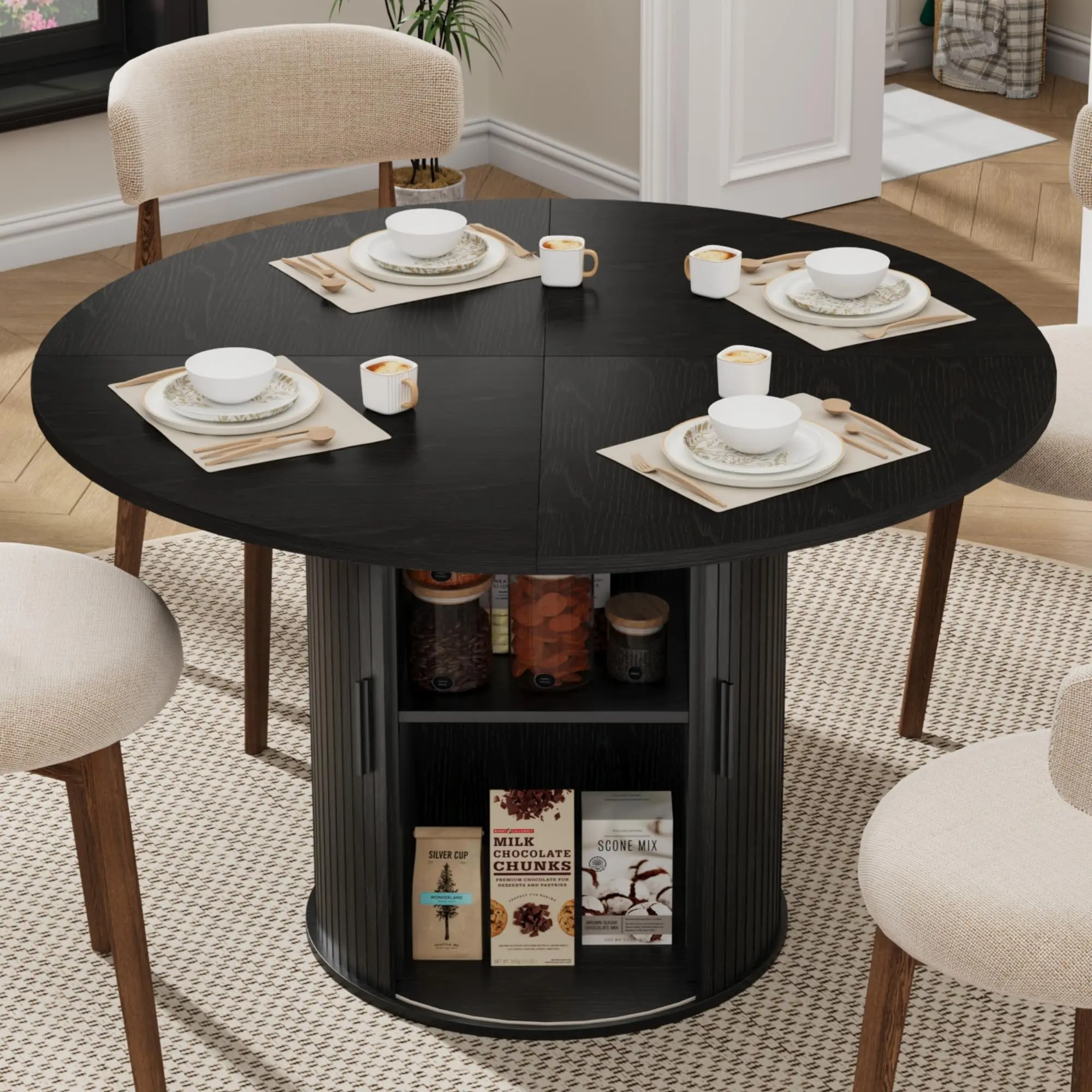 GAOMON 47'' Round Dining Table with Hidden Storage for 4, Kitchen Dining Room Circle Dinner Pedestal Table with Slide Door Shelf, Space Saving Wood Furniture for Small Spaces, Dining Room