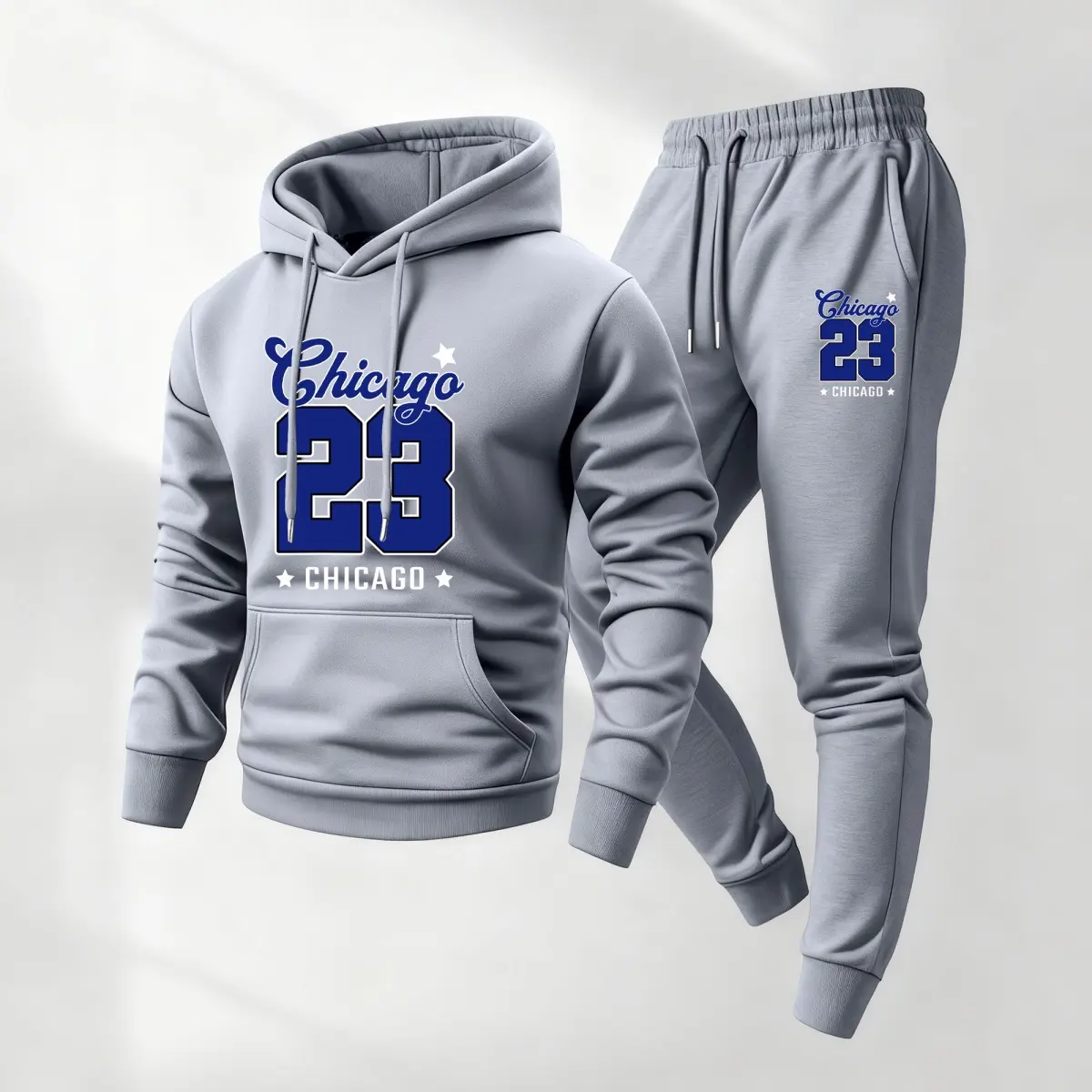 Men's 2-Piece Polyester Tracksuit, Casual Fit Sweatsuit Set Outfit with Long Sleeve Hoodie and Chicago23 Print Pants, Athleisure Street Fit, Tracksuit Sweat Suits