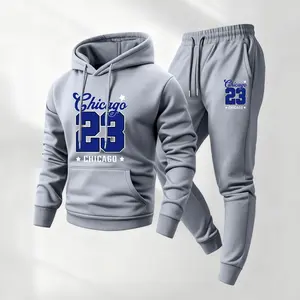 Men's Chicago23 Print Hoodie and Drawstring Sweatpants Set, Menswear, Casual Athletic Long Sleeve Hooded Jacket & Trousers for Fall & Winter, Men's Clothing for Daily Wear, Sportswear Indoor Outdoor, Tracksuit, Athleisure Summer Clothes02