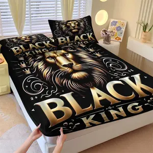 Gothic Black-Gold Lion King & Magic Symbol Fitted Sheet Set (2 Pillowcases), Ideal Gift for Niche Style Lovers, Edgy Bedroom Decor, Decorative Bedsheet Sets, Soft & Durable Bedding