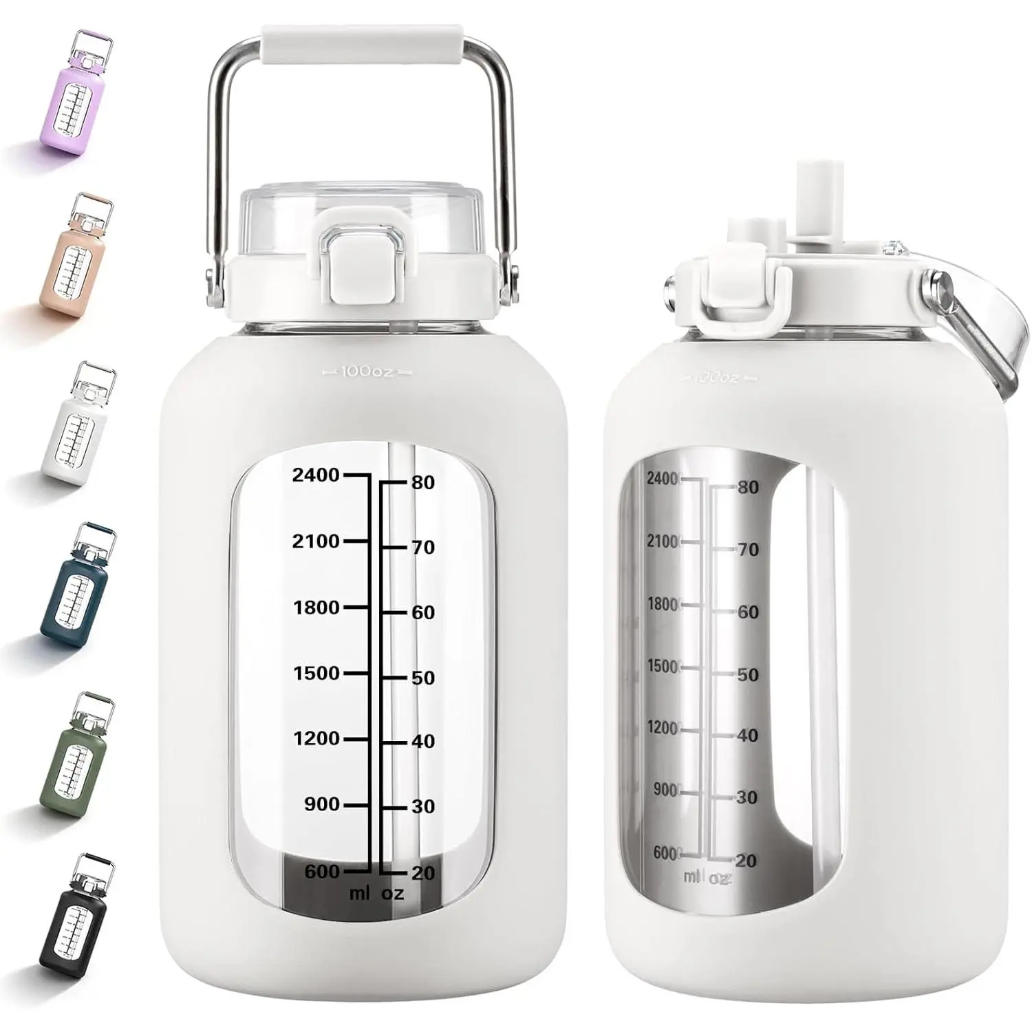 100oz Glass Water Bottle with Time Marker and Silicone Sleeve 3L Large Water  Jug with Stainless Steel Handle Gallon Drinking Bottle with 2-in-1 Lid Wide  Mouth, White - TikTok Shop
