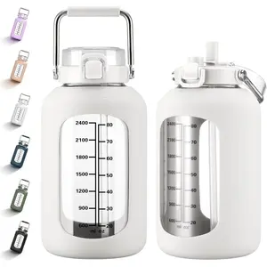100oz Glass Water Bottle with Time Marker and Silicone Sleeve 3L Large Water Jug with Stainless Steel Handle Gallon Drinking Bottle with 2-in-1 Lid Wide Mouth, White