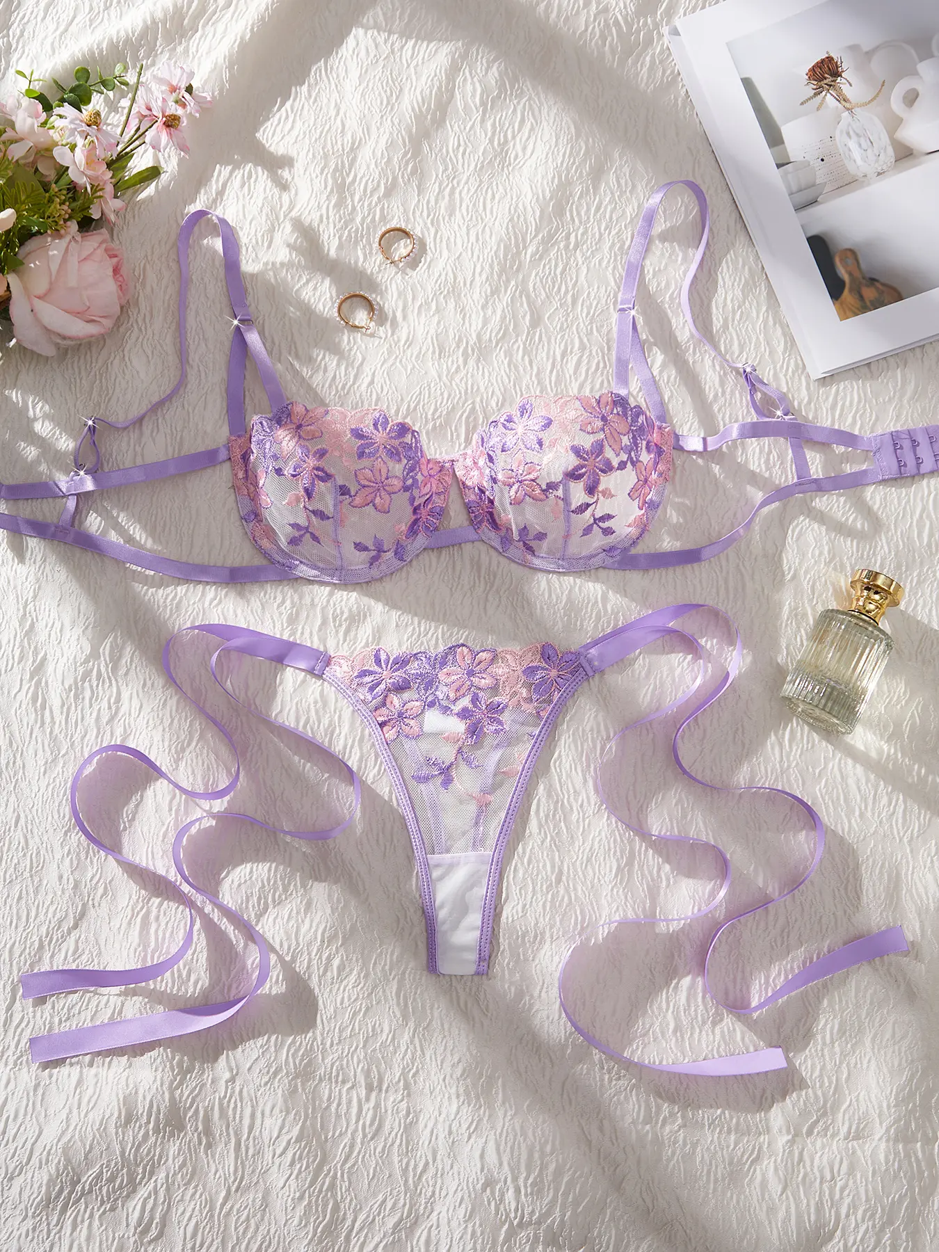 Women's Christmas-Edition 2-Piece Purple V-Neck Embroidered Floral Lace Lingerie Set - Chic Belted Top, Intricate Detailing, Comfortable, Hand Wash, Festive Occasions, Lady Feminine Dainty Strap-Trimmed Underwear Set