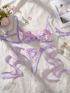 Women's Christmas-Edition Purple V-Neck Embroidered Floral Lace Lingerie Set, Lady's Comfortable Belted Top, Intricate Detailing, Elegance & Style, Hand Wash, Women's Clothes for Festive Occasions
