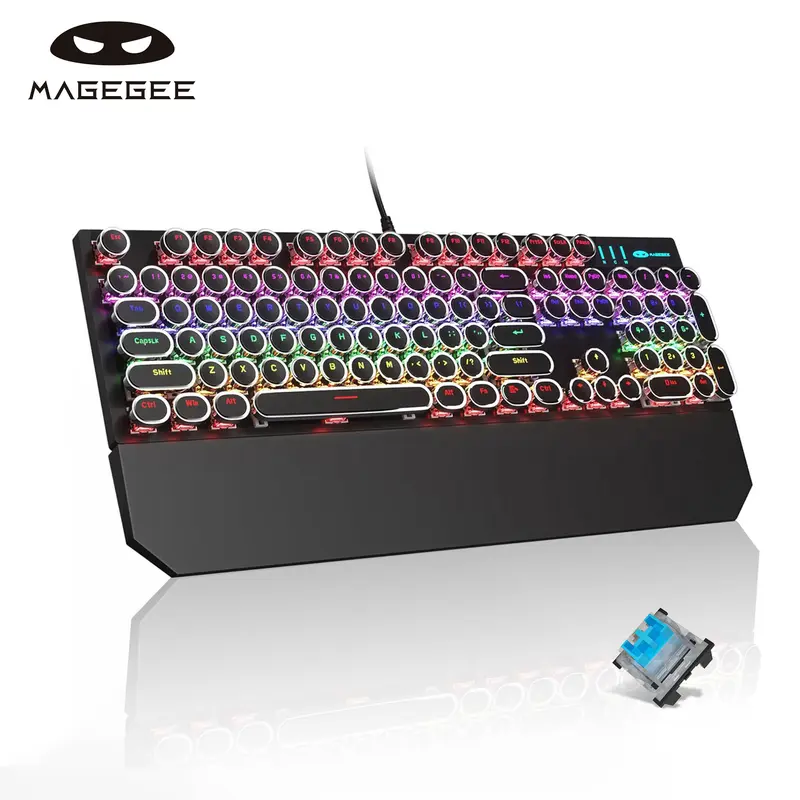 MageGee Retro Punk USB Wired Mechanical Keyboard - Blue Switch, RGB Illuminated Backlighted Keys, Magnetic Wrist Rest, Full Size, Multifunctional for PC Gamers, Colorful Mechanical, Gaming PC, Gift Ideas for Gamers, Illuminated, Blue Switch Keyboards