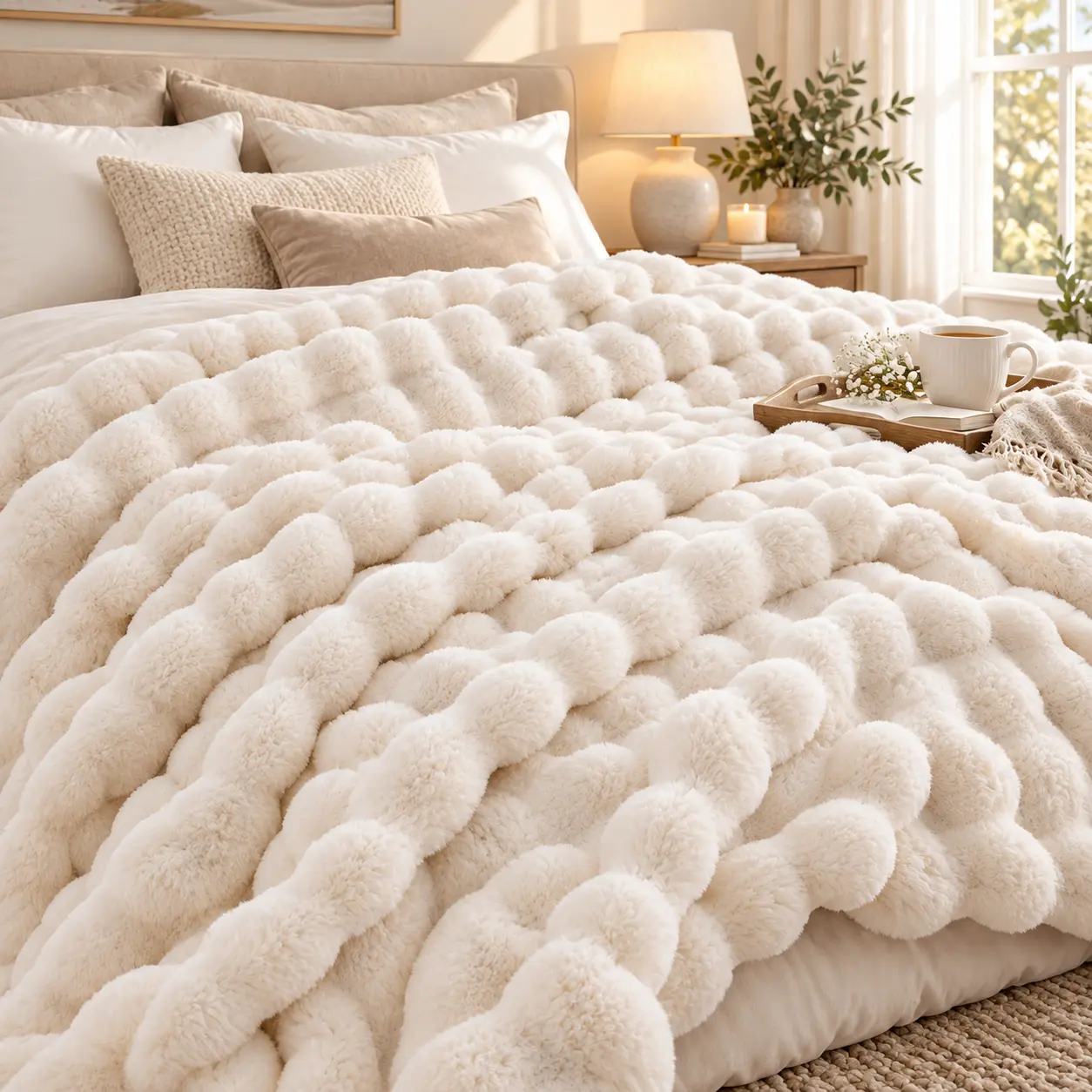 Raybee Traci 80x90in 750GSM Faux Rabbit Fur Bubble Comforter - Thick Plush Bedding Blankets for Bed, Cozy Couch Throw, College Dorm Decor, Gift for Women