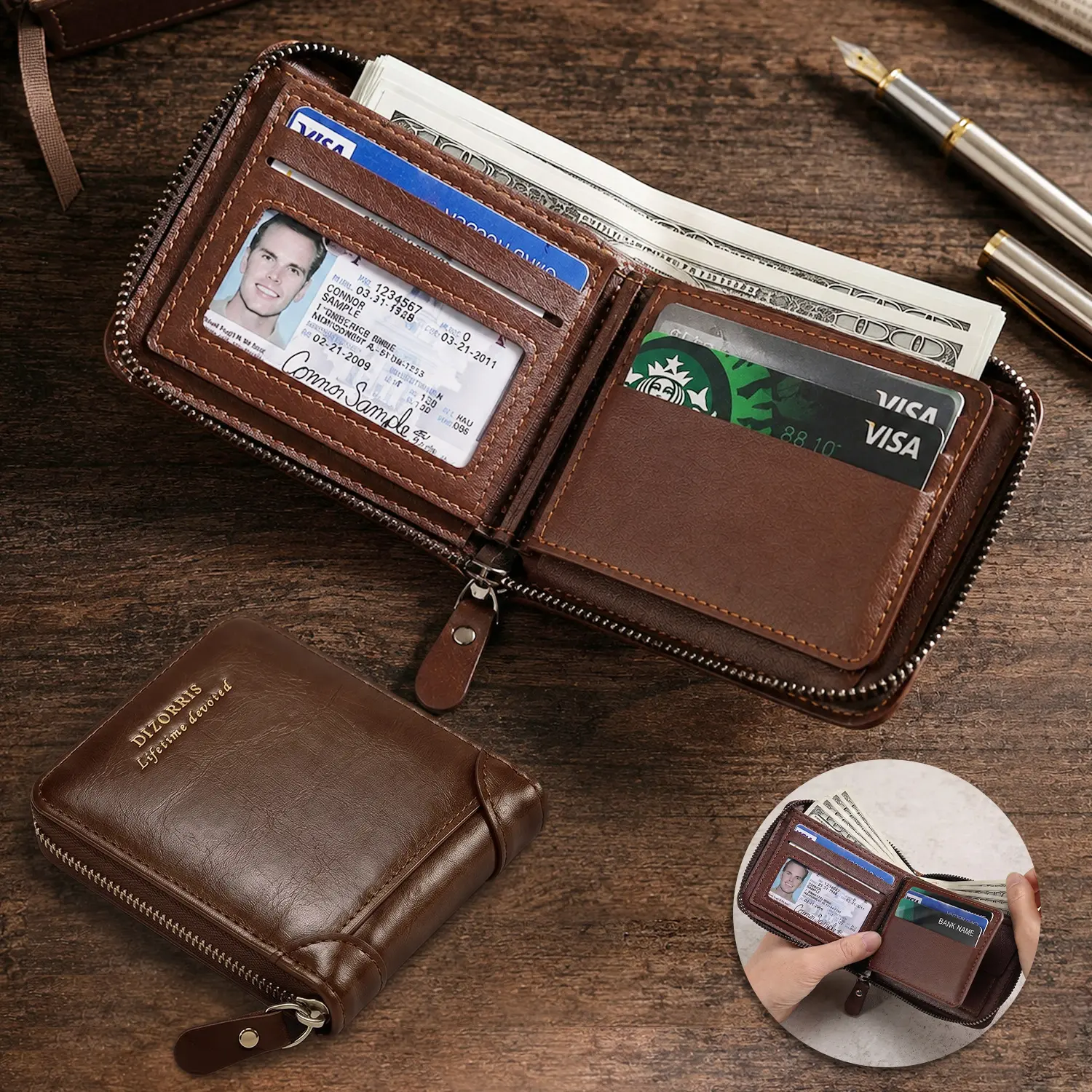 JUSIEX Men's Retro PU Leather Zipper Wallet - Large Capacity RFID Blocking Multi-Slots Card Holder with 2 ID Windows, Gift for Fathers, Sons, Husbands