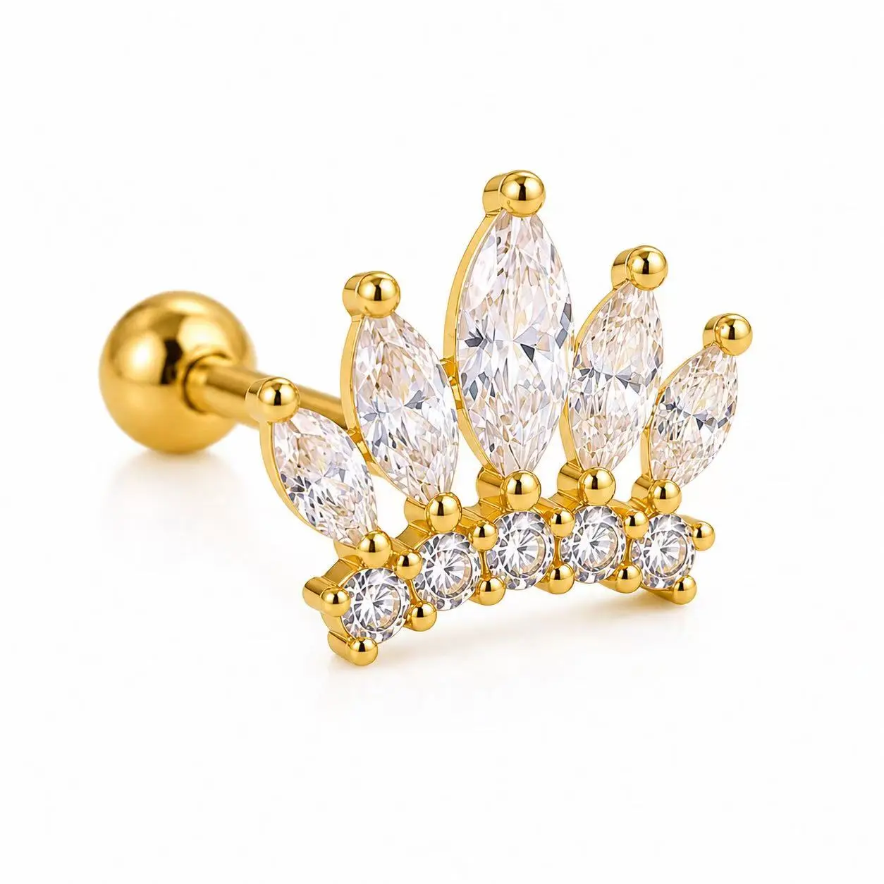 18K Gold Plated 925 Sterling Silver Crown Cartilage Stud Flat Back Helix Tragus Conch Earring