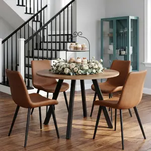 HIPIHOM Nordic Round Dining Table Set, 5-Piece Minimalist Wood Grain Table with 4 Ergonomic Spinal Support Chairs, Stable Carbon Steel Legs, Modern Scandi Home Decor for Kitchen & Apartment, Aesthetic Furniture for Modern Home Seekers