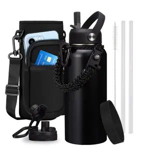 Insulated Water Bottle 32/40/64/128oz with Straw - Pop-up Spout Lid, Paracord Handle, Strap Shoulder Carrier, Wide Mouth Triple Walled Vacuum Stainless Steel Gallon Water Flask
