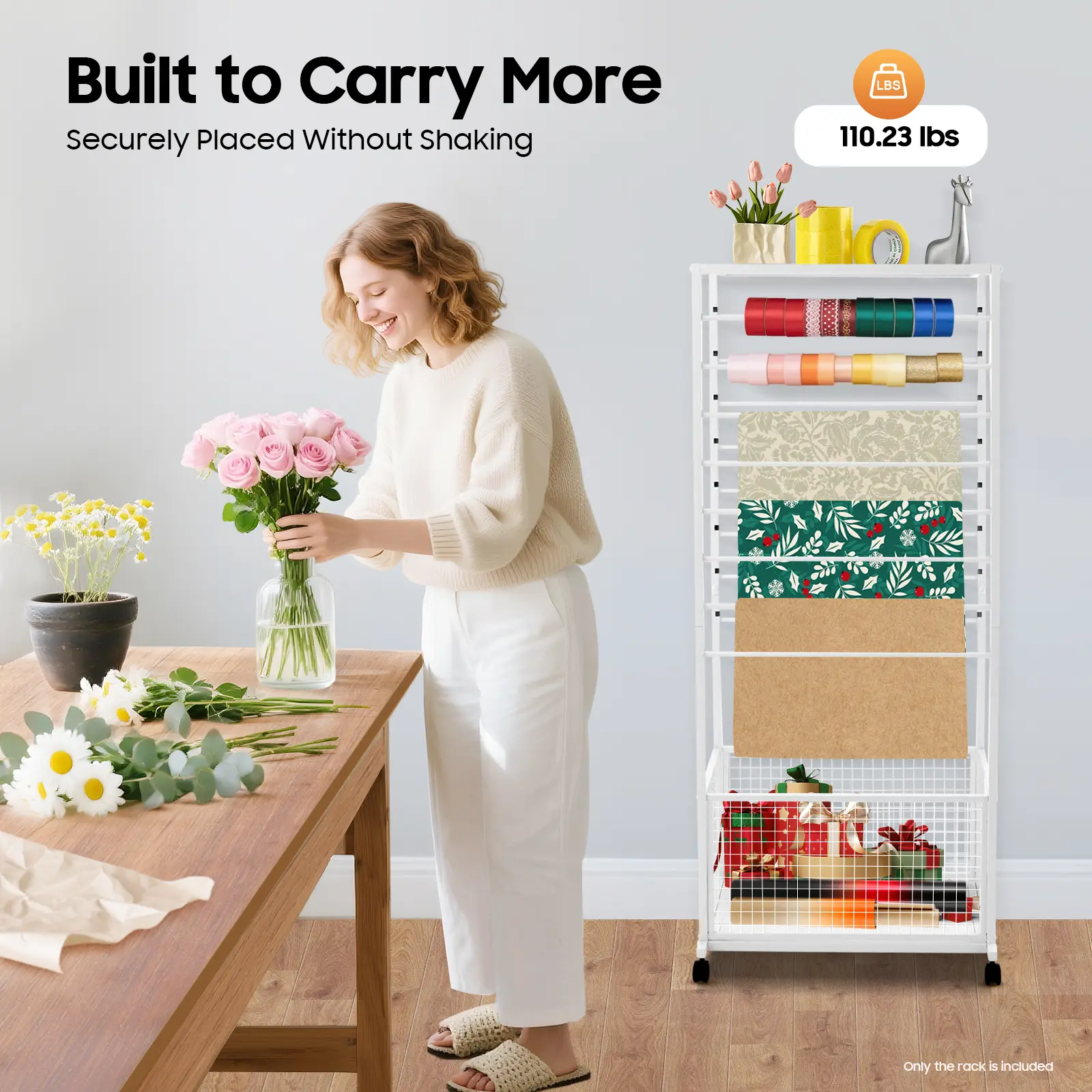 CNCEST Modern White Metal Ribbon Holder Organizer, 16-Tier Adjustable Metal Freestanding Shelf Rack for Flowers & Packaging Paper with Lockable Space-Saving Wheels, Adjustable Metal Rack