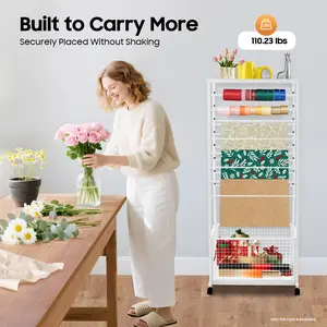 CNCEST Modern White Iron Ribbon Holder Organizer Rack 16-Tier Space-Saving Storage Stand for Flowers & Packaging Paper Freestanding Display with Lockable Wheels